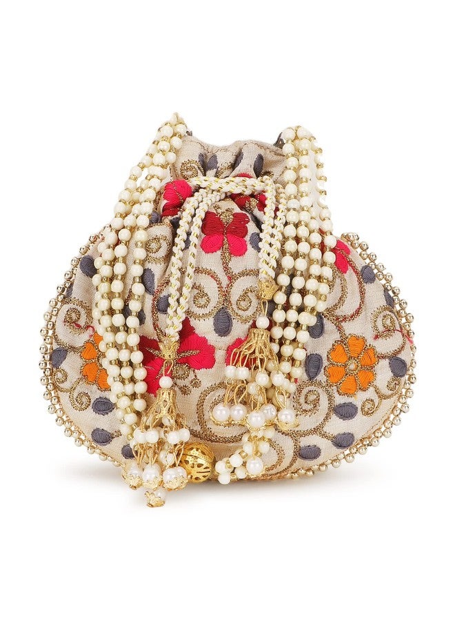 Anekaant Faux Silk Cream Colour Embroidered Potli - Image 1